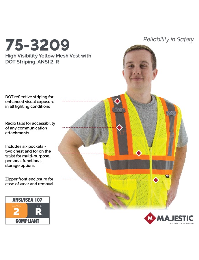 High Visibility Mesh Vest with DOT Striping, ANSI 2, R | Majestic